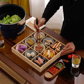 现货九宫格火锅店餐具分格木制早餐托盘蔬菜日式料理配菜烤肉拼盘