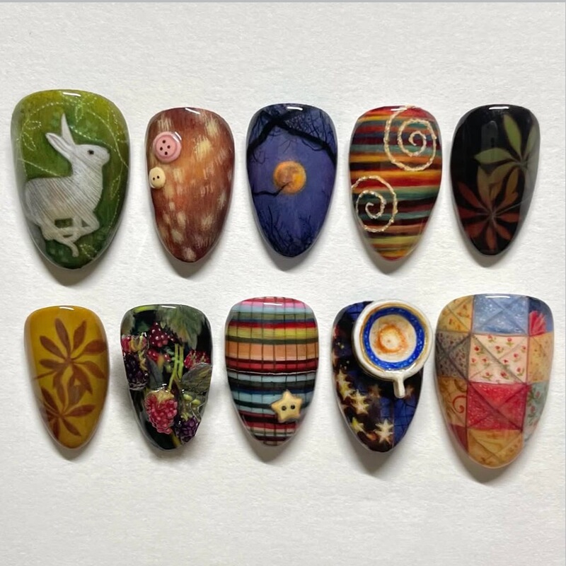 Wm-393 Moon Shadow Berry Rabbit Fake Nails Almond Retro Plaid Rabbit Artistic Forest Style 24 Pieces Wearable Nail Tips Wholesale