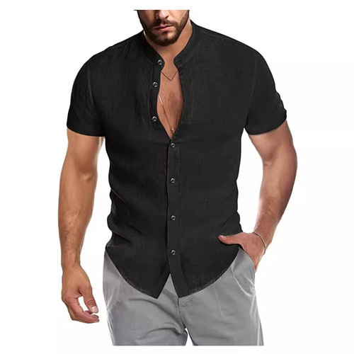 2024 Amazon eBay AliExpress Summer V-neck Linen New Open Collar Short Sleeve Men's Shirt