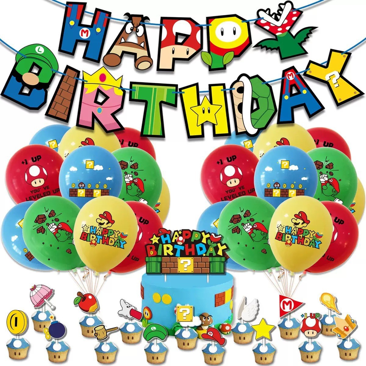 Mario theme party decoration game party birthday flag cake insert…