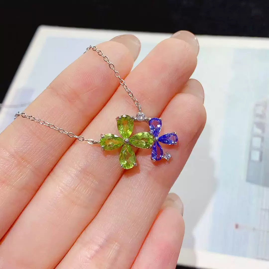 Ожерелье из натурального перидота и танзанита, серебро 925 пробы, капля воды, цветок, маленькие свежие универсальные красочные ювелирные изделия, цепочка на ключицу для женщин