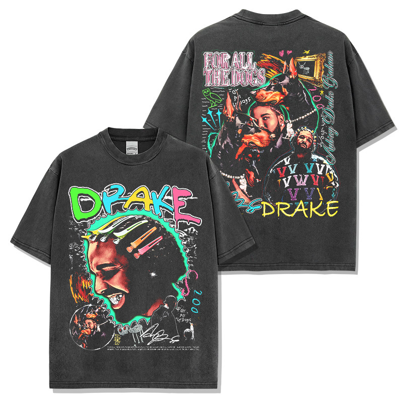 Cross-Border American Hip-Hop Drake Floral Short-Sleeved T-Shirt Loose Heavy Round Neck Casual Hooded Sweatshirt Wholesale for Men