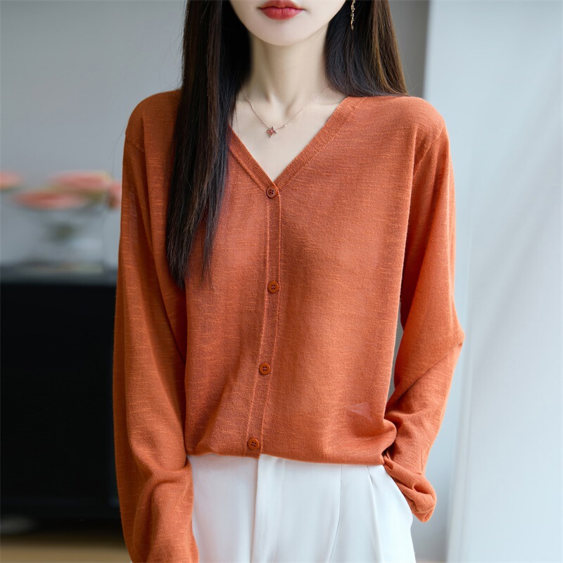 2025 New Summer Style Bamboo Linen V Neck Knitted Cardigan Long-Sleeved Women's Thin Pure Color Loose and Versatile Sun Protection Shirt 2025 New Summer Style Bamboo Linen V Neck Knitted Cardigan Long-Sleeved Women's Thin Pure Color Loose and Versatile Sun Protection Shirt