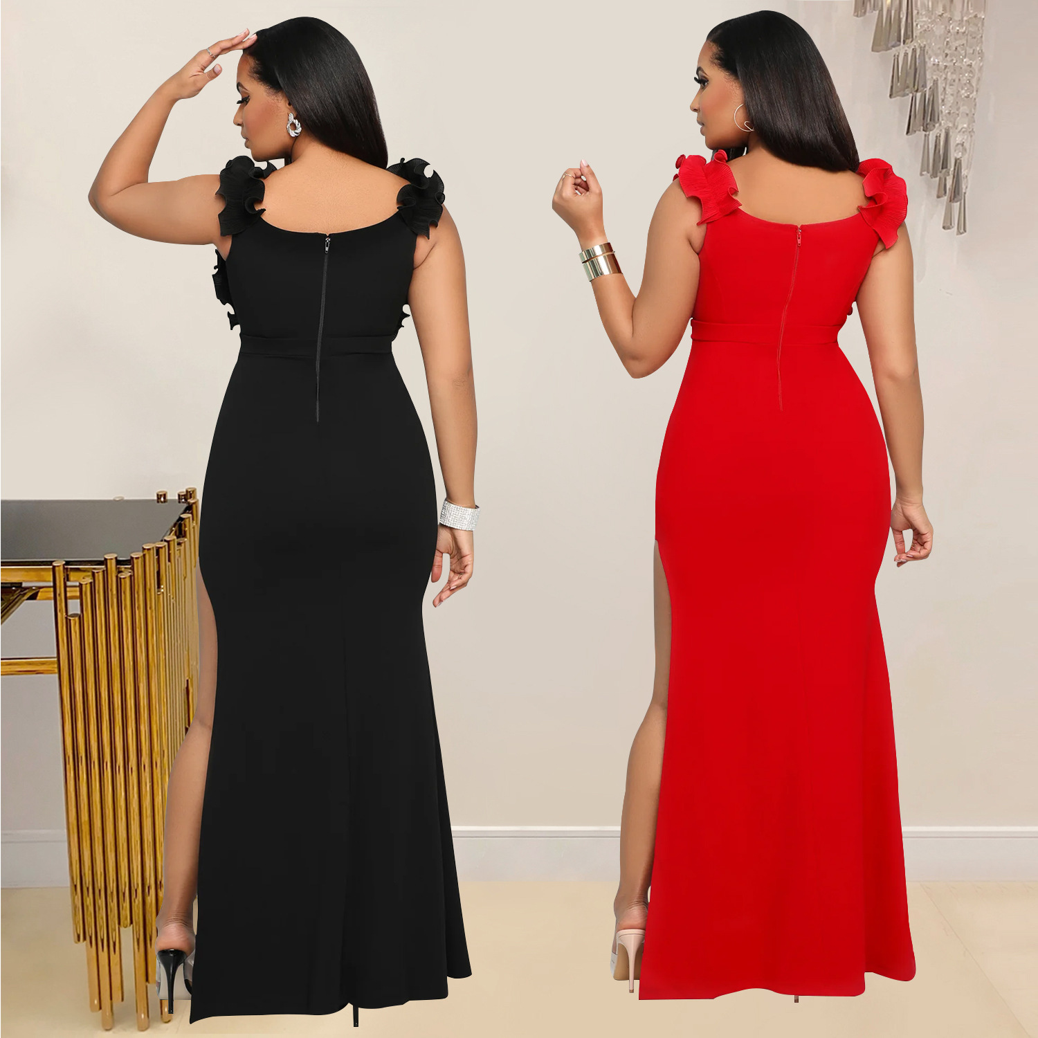 C7013 Aliexpress transfronterizo Amazon estación independiente de moda europea y americana ropa de mujer de cuello en V sin mangas vestido largo de bifurcación image 3