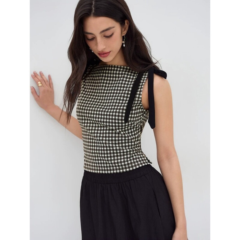 [Celebrity Style] Jomi Studio Boat Neck Plaid Bowknot Vest Top 114193321