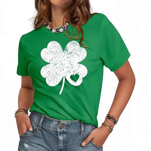 Women's Irish Clover Lucky Funny Crewneck Top Cute Printed Green Cotton T-shirt Best Selling in Europe and America