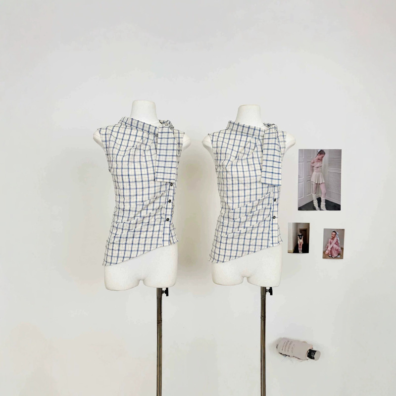 Luamo "100% Cotton" Plaid High Collar Tie-Waist Top for Women, New Slimming and Elegant Versatile Shirt