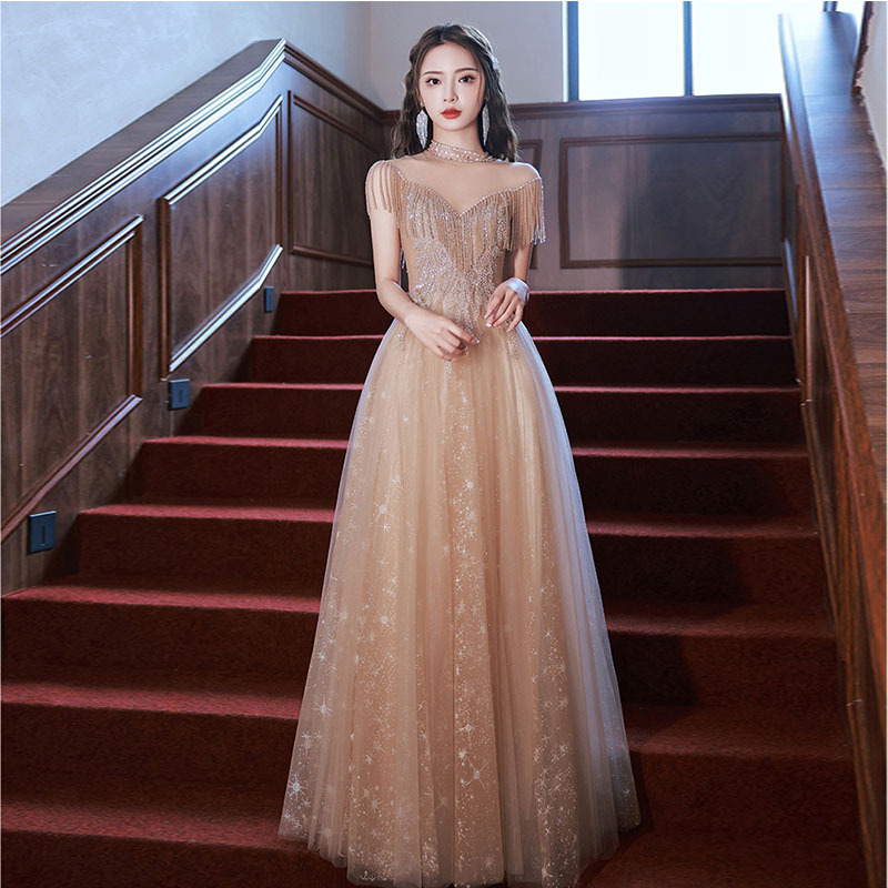 晚礼服裙女2025春季宴会香槟色气质流苏长款显瘦名媛主持演出礼服-阿里巴巴