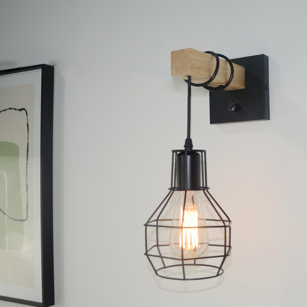 Transfronterizo Amazon lámpara de pared de estilo industrial jaula colgante lámpara de pared regulable granja restaurante bar dormitorio lámpara de madera