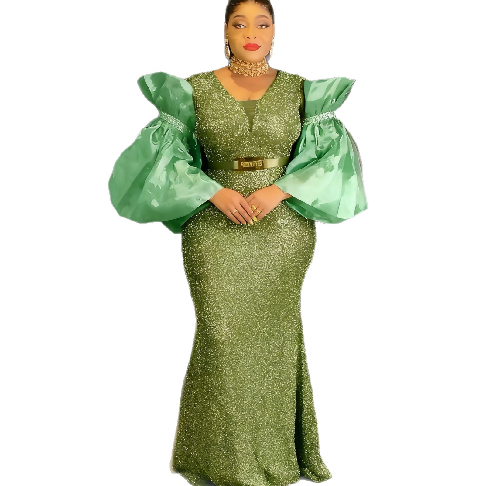 Women's Clothing Spring New V Neck Dress, Gold Fitted Waist, Puffy Sleeves, Courtly Retro Style, Elegant Long Evening Gown_ecoleips.com