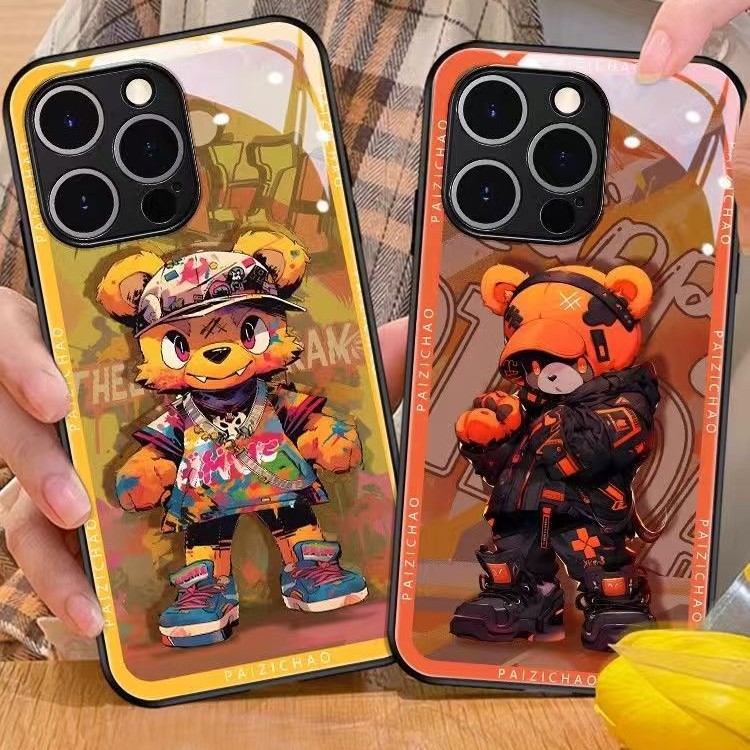 潮牌熊适用苹果17PROMAX玻璃手机壳16PRO防摔15PROMAX/14/13新款x