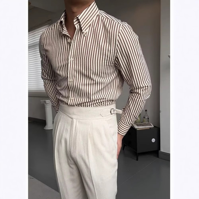 Casual Seersucker Series Shirt Fashionable Vintage Button Wide Corner Collar Shirt Daily All-match Style Texturous Men