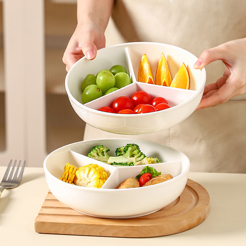 Large Capacity Deep Three-Compartment Ceramic Steaming Plate, Microwaveable Divided Plate, Household Prep Plate, Wholesale