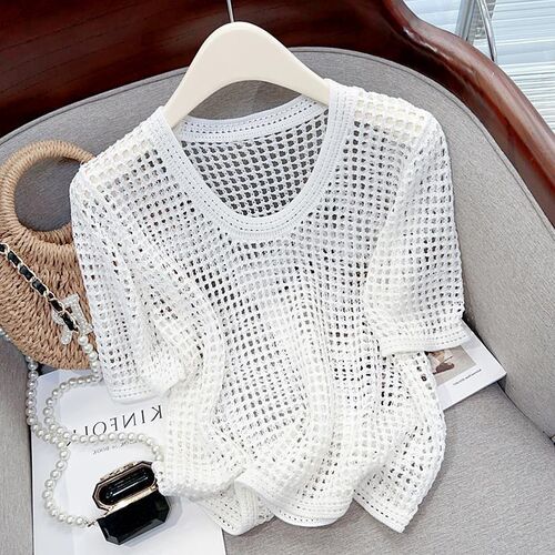 Summer hollow out thin short-sleeved women's Korean style design pure desire loose blouse all-match round neck knitted top shirt