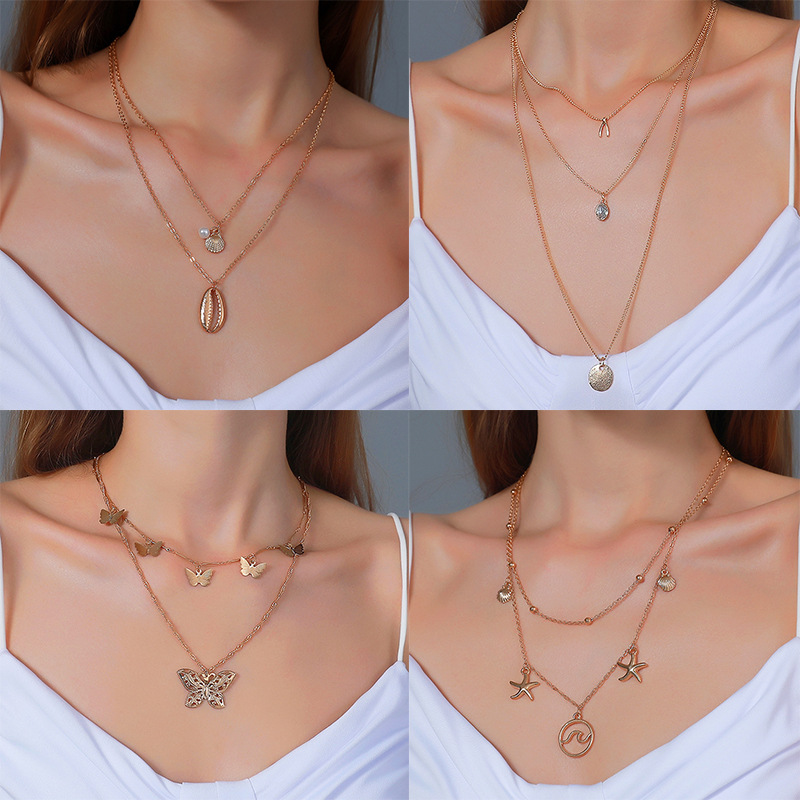 Cross-Border New Double-Layer Shell Necklace, Retro Simple Multi-Layered Necklace, Starfish Butterfly Pendant Necklace