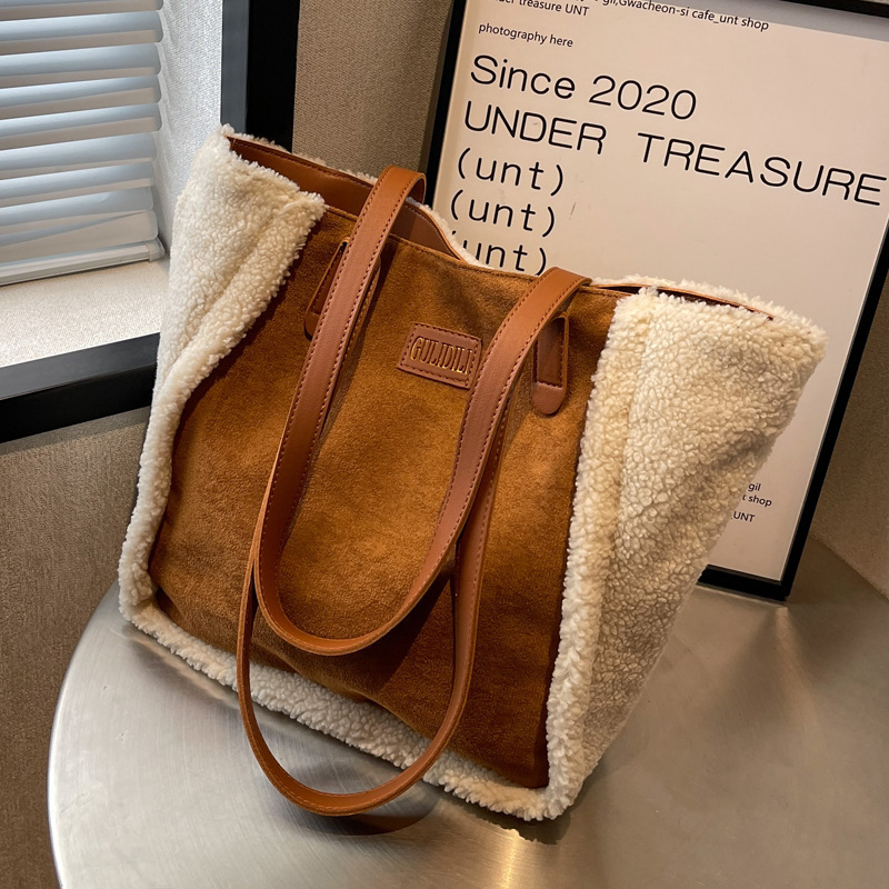 Bolso de felpa de lana de cordero retro otoño/invierno, bolso de hombro esmerilado de gran capacidad