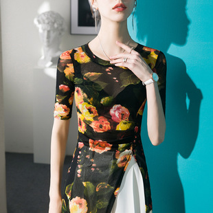 European Printed Mesh Top Women's Half Sleeve Mid-length 2023 Spring Summer Thin Chic Long T-shirt Mid-sleeve