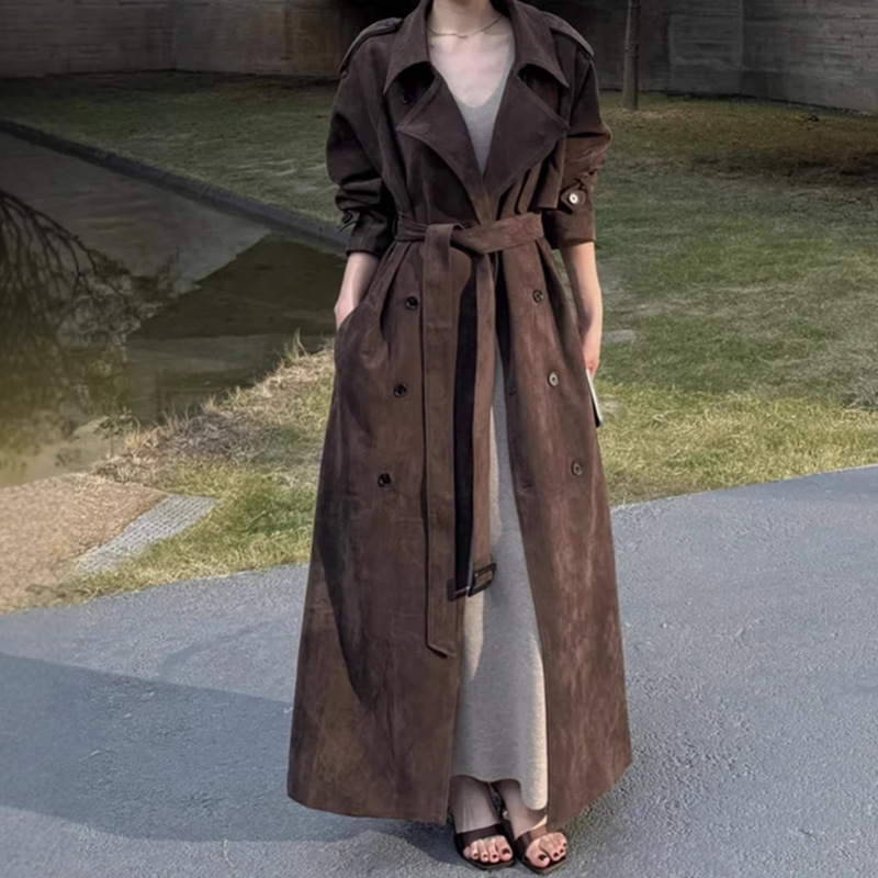 2026 New Spring Long Fashion Trench Coat for Petite Women, Trendy Suede Waist-Cinching Style