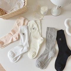 網紅蝴蝶結刺繡襪子女春夏薄款純色中筒襪網眼透氣日系堆堆襪批發