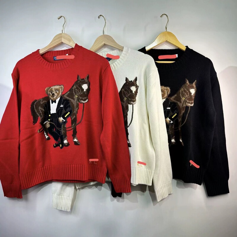 High-Quality, Scannable, Autumn and Winter Pure Cotton Round-Neck Knitted Long-Sleeve Loose-Fitting Age-Reducing Embroidered Cartoon Bear Sweater