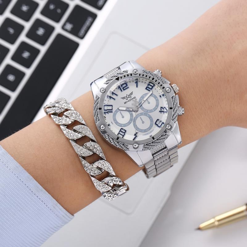 Comercio exterior moda de negocios relojes de hombre falsos tres ojos atmósfera reloj de correa de acero para hombres + pulsera hip-hop dos piezas conjunto de relojes de pulsera image 3