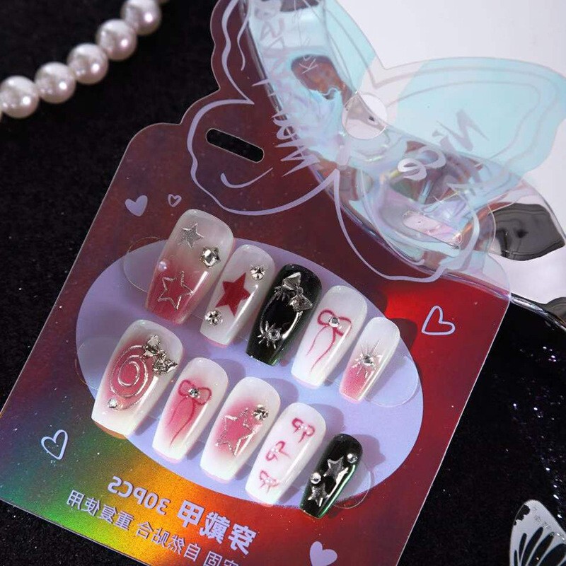 Boxed set of wearable nail stickers, simple cartoon designs with rhinestones, various detachable nail stickers, wearable nail decoration stickers Boxed set of wearable nail stickers, simple cartoon designs with rhinestones, various detachable nail stickers, wearable nail decoration stickers