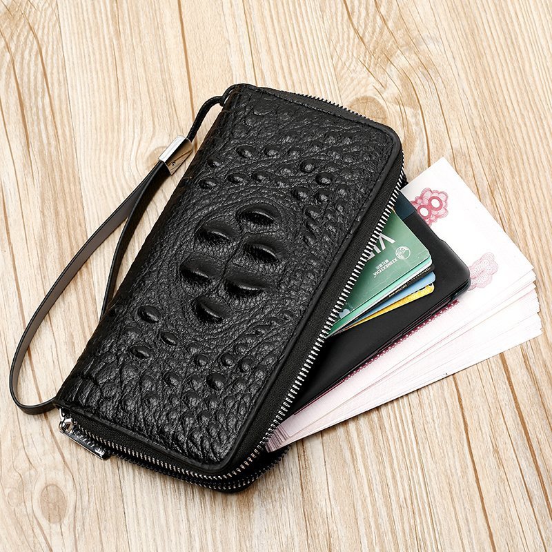High-end L zipper handbag wallet for young men, crocodile pattern money clip, leather foldable wallet, business hand grab bag, long wallet