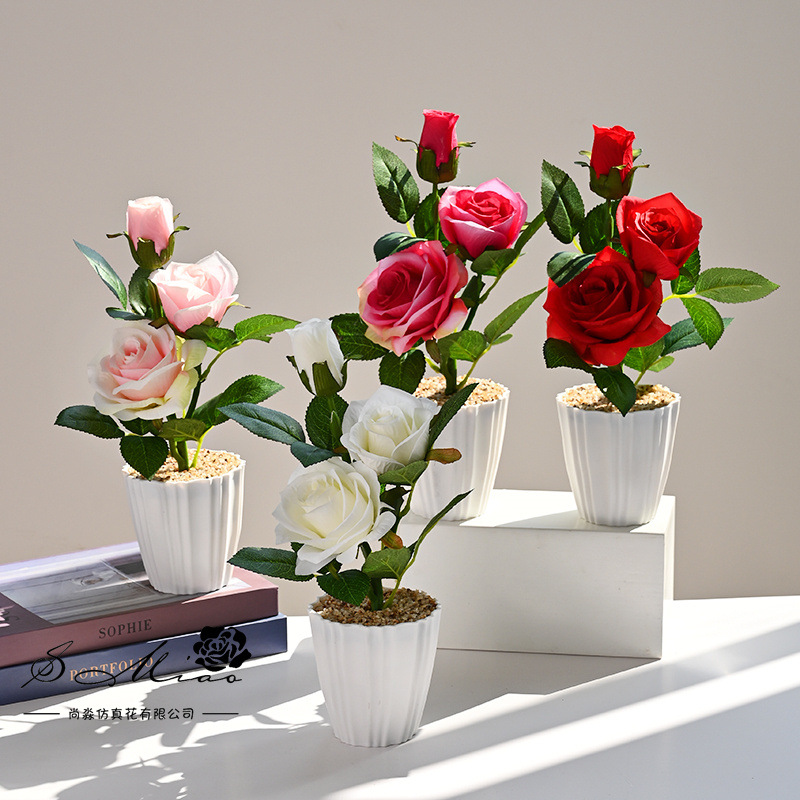 Transfronterizos tres flores de rosa en maceta creativa simulación de flores decoración de estudio en el hogar decoración artificial planta verde en maceta