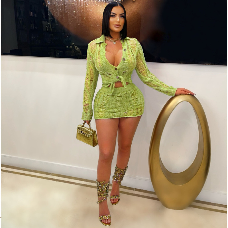 2025 new ladies knitted suit sexy hollow long sleeve lapel knitted skirt suit
