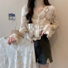 民族风休闲钩花对扣针织防晒开衫女装棉镂空外套上衣批发手工