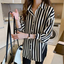 条纹衬衫女2023春秋新款复古港味上衣轻熟设计感雪纺衫衬衣女