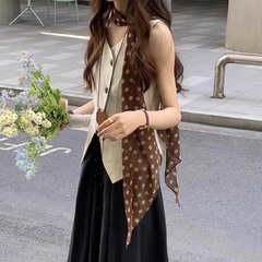 フレンチレトロブラウン水玉模様の女性用シルクスカーフ、夏用の薄いロングスカーフ、首に巻くスカーフ、ネックアクセサリー