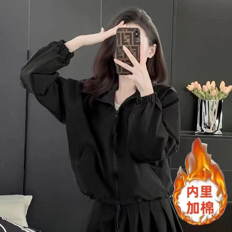 纯色短款连帽冲锋衣外套女春秋季新款简约时尚宽松休闲夹克上衣潮|undefined