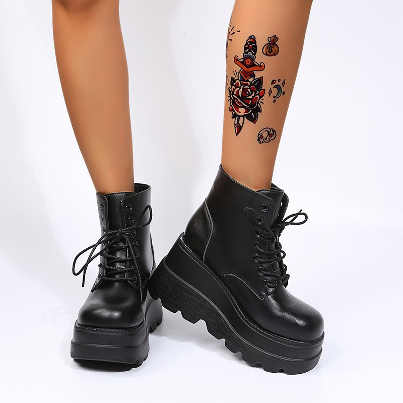 New high-top platform wedge with lace-up plus-size booties for women_voghion.com