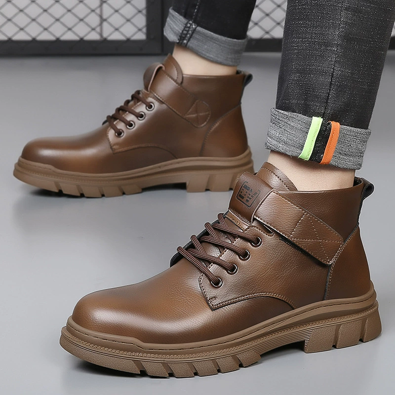 Мужские ботинки, новинка 2024, зимние бархатные теплые ботинки из натуральной кожи, рабочая одежда в стиле ретро, короткие модные универсальные кожаные ботинки с высоким берцем