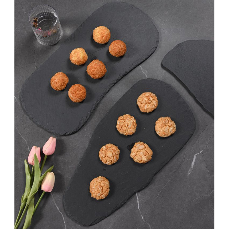 Hotel Vintage brotes de bambú negro Placa de pizarra natural Placa de filete occidental Placa de pizarra postre en forma de placa de roca