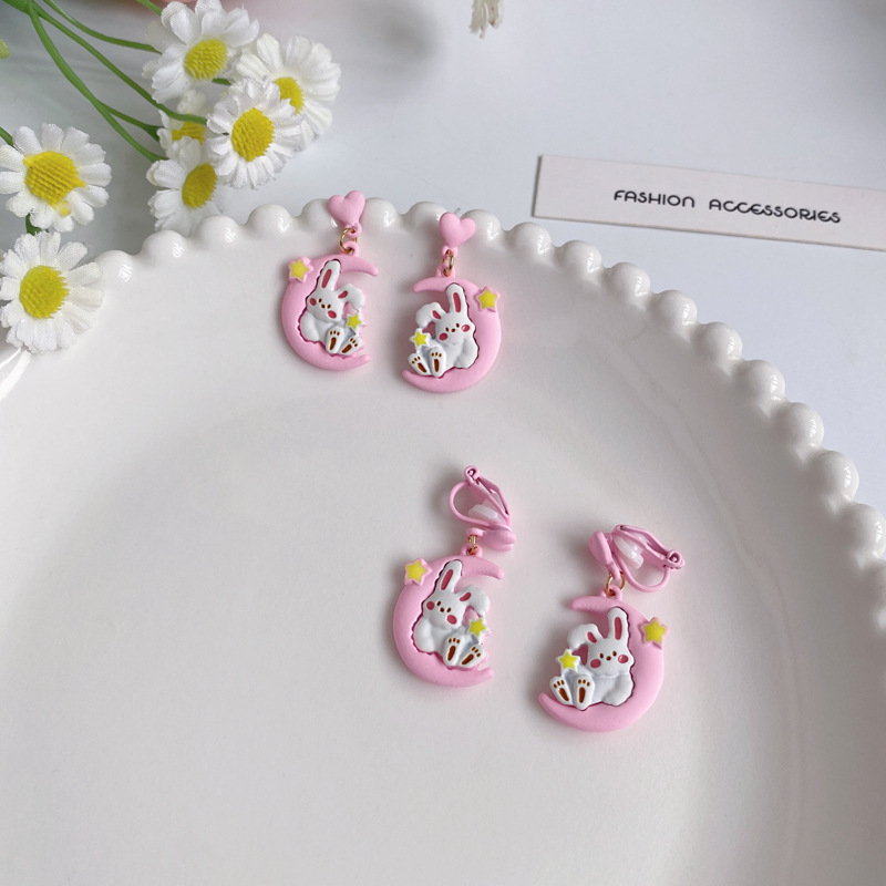 1 Pair Sweet Rabbit Moon Enamel Stoving Varnish Plating Alloy Drop Earrings display picture 2