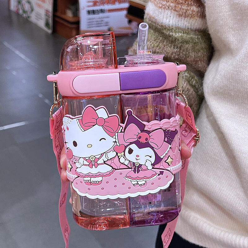 Sanrio Children's Straw Water Cup for Girls, High-Endurance Dual-Compartment Water Cup for Students Going to School, Large Capacity Lulumi Cup