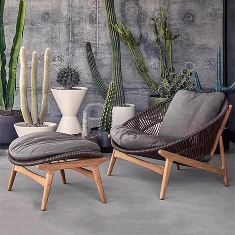 Conjunto de sofá de ratán para patio exterior, sillón individual de ocio para balcón de villa, muebles de teca de diseño para jardín exterior image 4