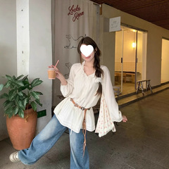木耳边v领抽绳长袖防晒衬衫女夏日出游穿搭法式气质收腰绝美上衣