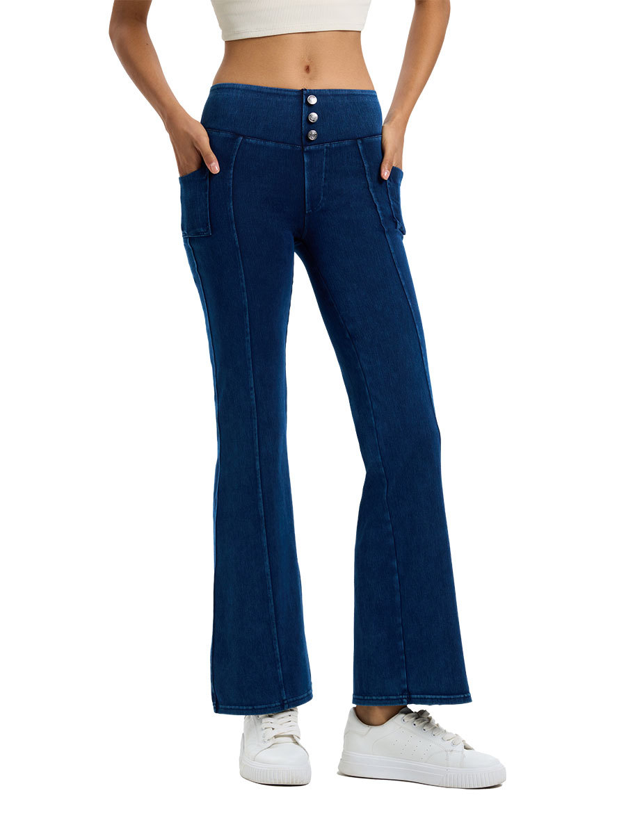 Nuevos pantalones acampanados de yoga de mezclilla de cintura alta para mujer, pantalones deportivos informales para fitness con control de abdomen de alta elasticidad y bolsillo para levantar la cadera.