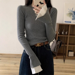 灰色针织衫女春秋2025新款内搭修身喇叭袖高级设计感打底毛衣上衣