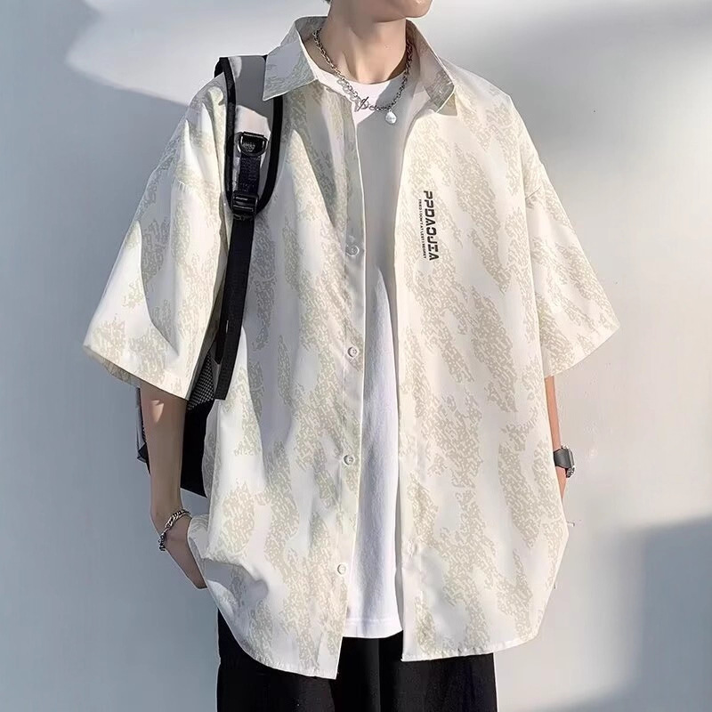 Summer Trendy Brand Ice Silk Short-Sleeved Shirt for Boys, Loose and Handsome Jacket, Trendy Men's Clothing, Handsome New Style, Literary Standard