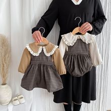 秋季2024新款韩版婴幼儿女宝宝格子无袖哈衣爬服婴童连衣裙姐妹装