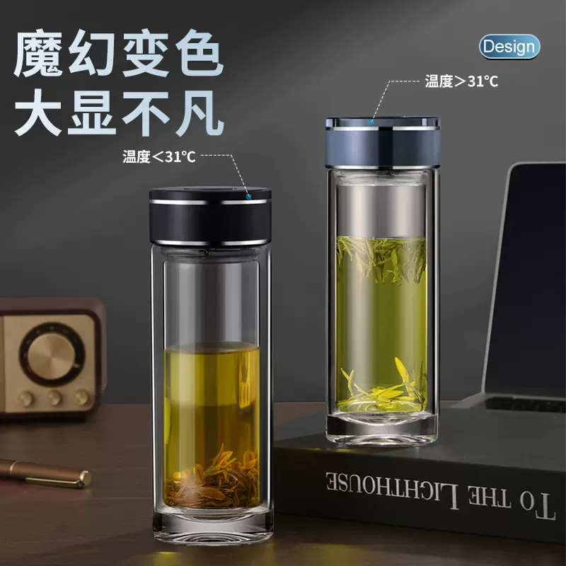 高硼硅玻璃耐热喝茶水杯带过滤办公双层加厚隔热男士商务透明茶杯