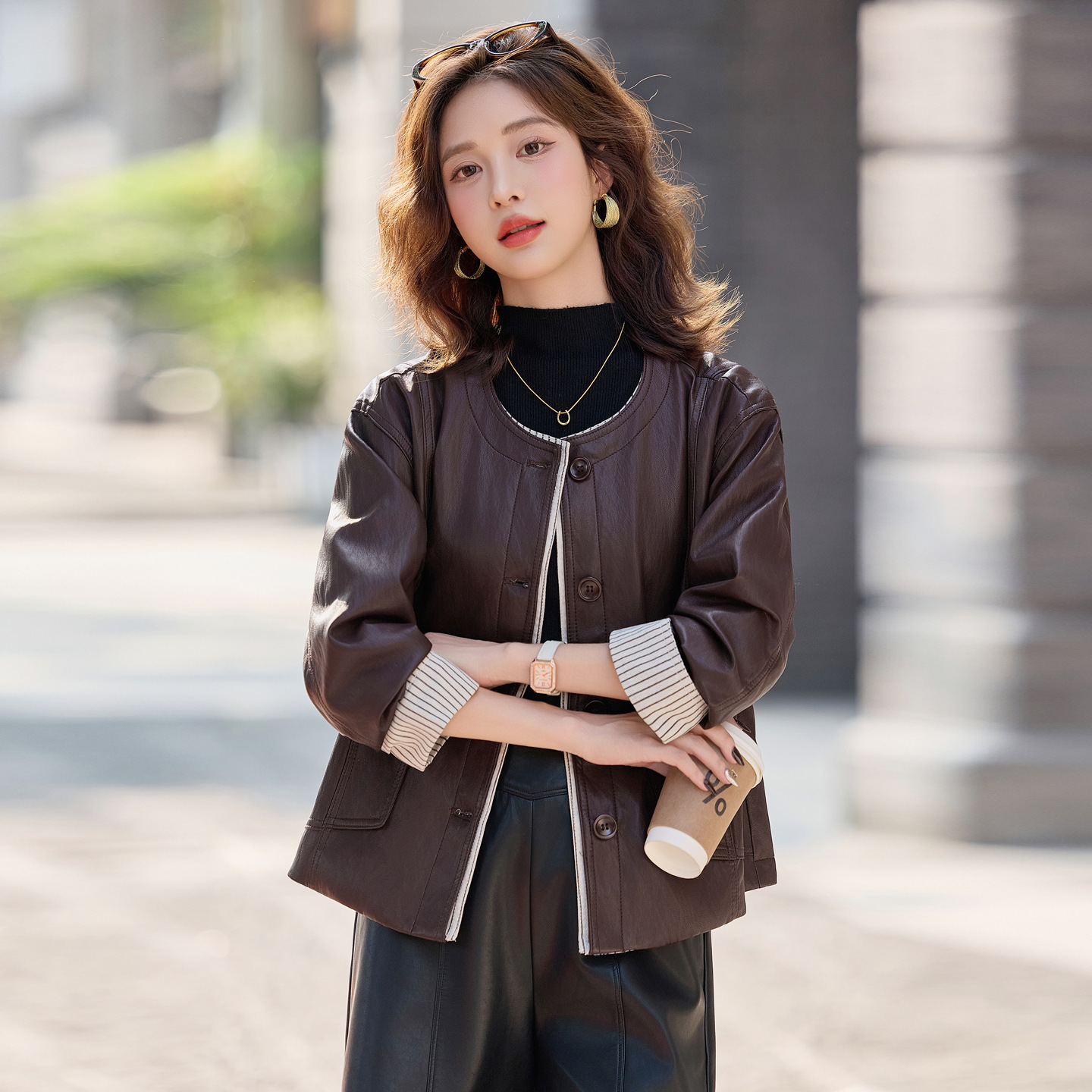 High-End Sheepskin Women's Fashion Patchwork Casual Round Neck Jacket Trendy Vintage Biker Top