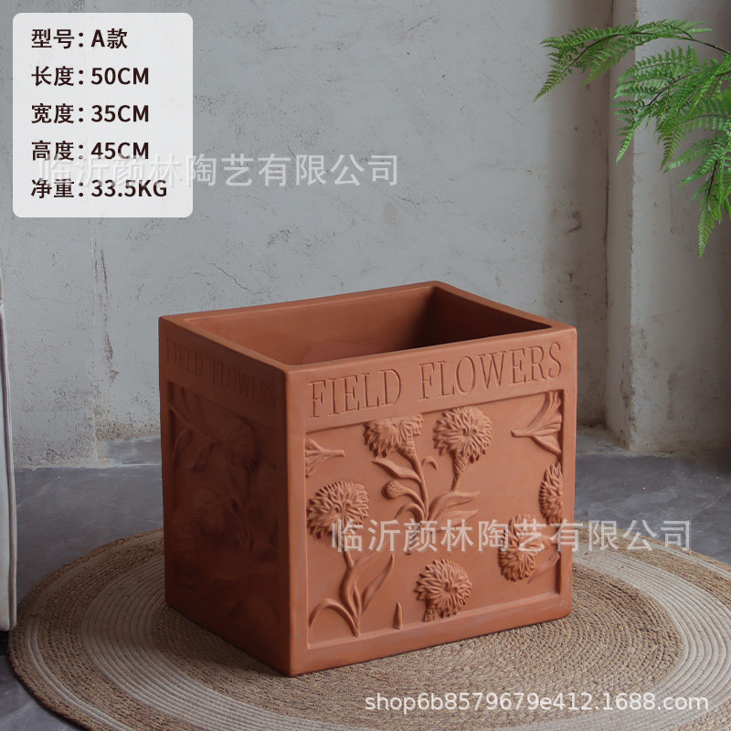 Caja de flores de cerámica roja gran estilo americano cuadrado en relieve maceta de cerámica gruesa pastoral viento plantación de árboles maceta paisajismo maceta transpirable