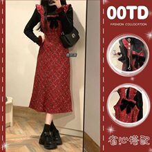 大码女装冬季套装女2025新款法式复古针织卫衣小香风背带裙两件套