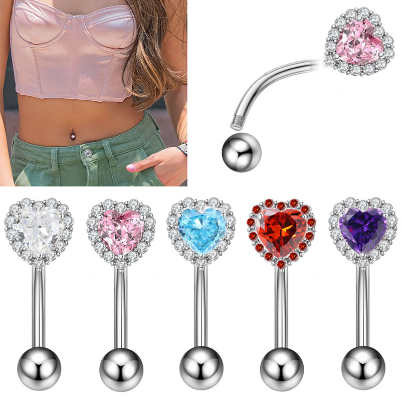 Trendiger Bauchnabelpiercing-Schmuck aus Edelstahl mit rosa Schmetterlings-Zirkonia in Herzform_voghion.com