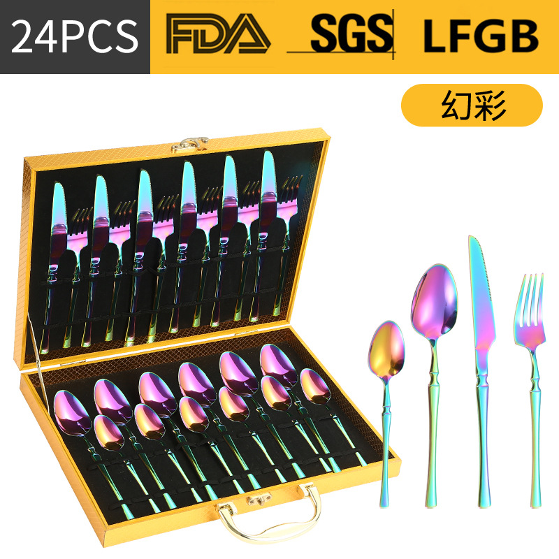 Amazon transfronteriza suministro de vajilla de acero inoxidable 24 piezas traje de cintura pequeña 4 piezas caja de regalo cuchillo, tenedor y cuchara traje